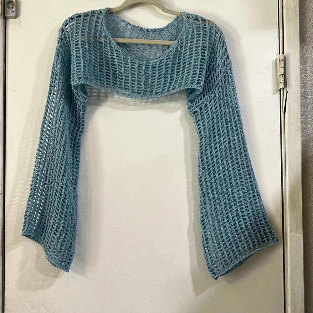 Boho Crochet Top Crop Swim Cover Up Edgy Blue Bell Sleeves Resort Bikini Rocker